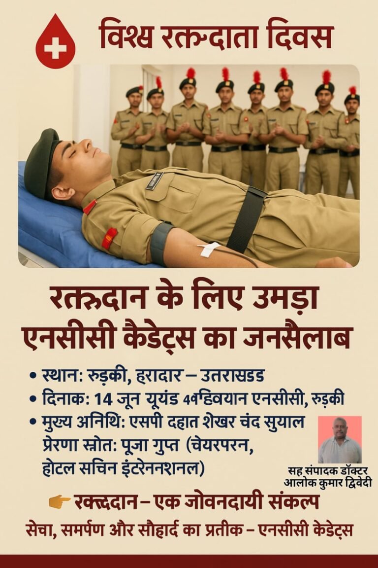 🩸 विश्व रक्तदाता दिवस पर एनसीसी कैडेट्स ने किया 223 यूनिट रक्तदान, उमड़ा जनसैलाब 🩸