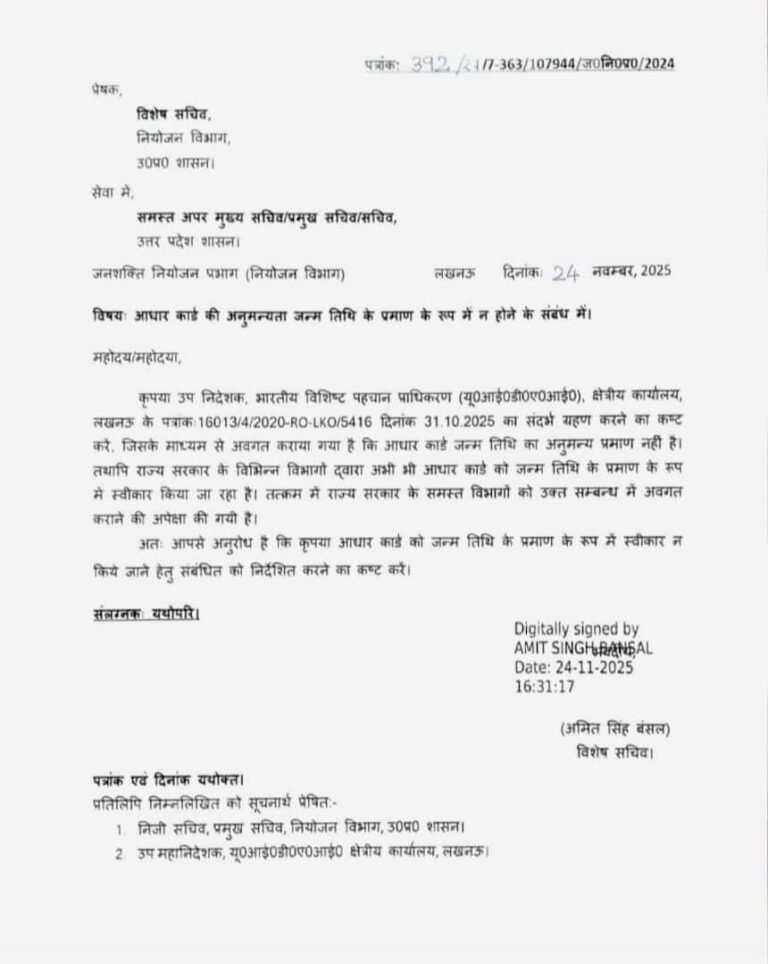 यूपी सरकार का बड़ा फैसला: अब आधार कार्ड जन्म तिथि का प्रमाण नहीं माना जाएगा